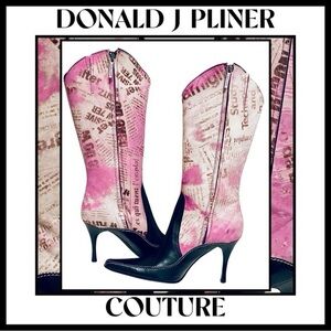Vintage Y2K Donald J. Pliner Couture Pink Pony Hair Newsprint Leather Boots